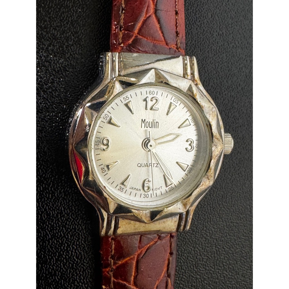 Moulin Quartz Watch‎ Silver Dial Brown Croc Leather Strap Japan Movt Untested - Picture 2 of 6